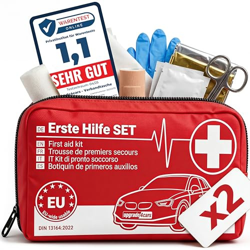 2 x Upgrade4cars Kit di Primo Soccorso Auto 2026 DIN 13164 Set Valido in Tutta Europa | Borsa di Medicazione anche per Casa e in Viaggio