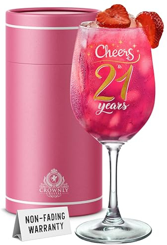 CROWNLY CRYSTAL Copa Vino Cristal Regalo Personalizado Mujer 21 Años Cheers To 21 Years Cumpleaños Mujer Aniversario Brindis Elegante Copa Para Vino Cava Y Cócteles Recuerdo Especial