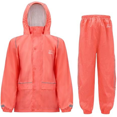 Zorax Traje de lluvia impermeable para niños y niñas, chaqueta y pantalones ligeros, unisex, resistente al viento, con capucha, bolsa de transporte, rosa, 9-10 Años