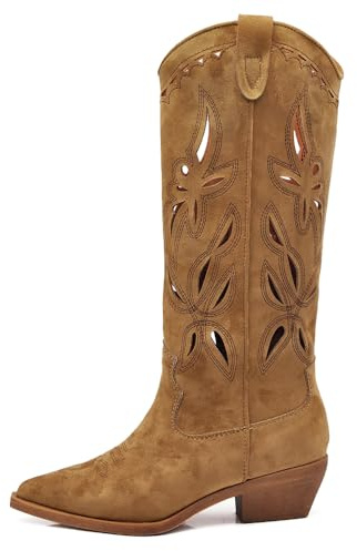 IF Stivali Texani Donna al Ginocchio, Ricami e Lavorazione Traforata, Suola in Gomma Silenziosa,Stile Cowboy Camperos MP746-3 cuoio 37