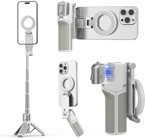 AMAZEAR Treppiede smartphone (4 in 1), Selfie stick magnetico multifunzionale per iPhone, Impugnatura portatile per smartphone con telecomando Bluetooth rimovibile e zoom regolabile per foto, Bianco