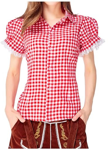 Chemisier traditionnel pour femme - Rouge et blanc à carreaux - Chemise traditionnelle pour la fête de la bière - Chemisier Dirndl léger - Grandes tailles - Chemise à manches courtes - Respirant