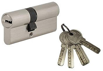 SERRURERIE DE PICARDIE - Cylindre de Serrure Double Entrée - Tiger 6 - Laiton - Sécurité Renforcée - 6 Goupilles - Protection Anti-Arrachement et Anti-Perçage - 30 x 30 mm - Gris - 5 Clés Réversibles