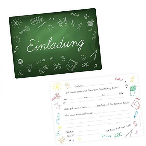 nikima Schönes für Kinder 10 Einladungskarten zur Einschulung Tafel grün inkl. 10 Transparenten Briefumschlägen Einladung Junge Mädchen Kreide weiß