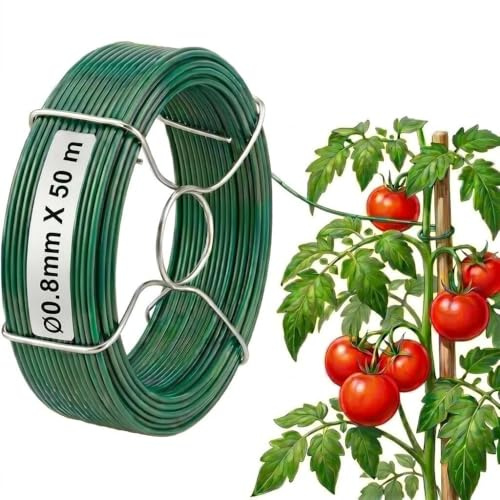 Amagabeli Alambre de Hierro Plastificado Ø0.8mm x 50m, Cable Revestido para Jardín y Cercados, Inoxidable de PVC Verde