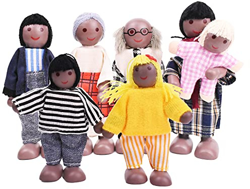 Wagoog Dolls House People of 7 Black Wooden Small Dolls for Dolls House Accessories