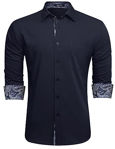 HISDERN Navy Blue Shirt Mens Long Sleeve Smart Stretch Regular Fit Button Down Formal Navy Dress Shirts for Men Casual Wedding Office Non Iron with Pockets,Navy Blue,M