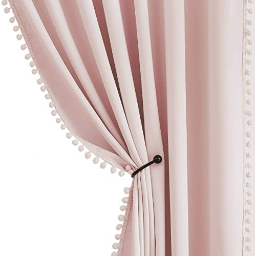 Treatmentex Pink Half-Blackout Curtains 54 Pink Pompoms Curtain Panels for Nursery Room Darkening Thermal Curtain Drapes for Baby Girls Room, Pencil Pleat 50 w 2pcs