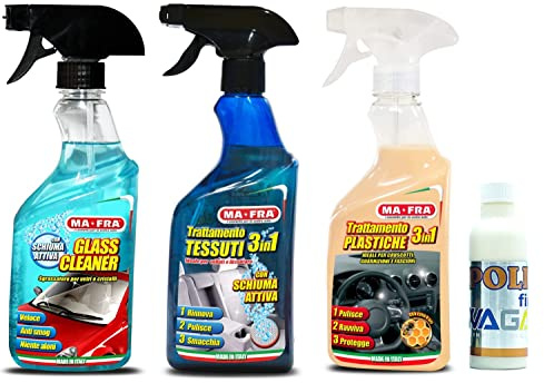 Mafra, Kit Pulizia Trattamento Tessuti 3in1, Trattamento Plastiche 3in1 e Glass Cleaner - Incluso Finish Polish Professionale 125ml WagaPaint Extra Brillante per Carrozzeria