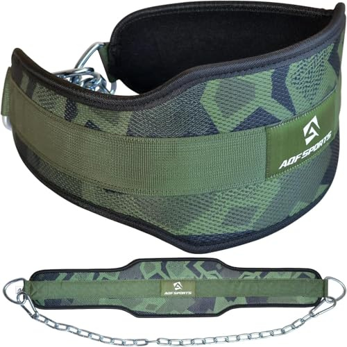 AQF Dip Gürtel Mit Stahlkette, Neopren Fitness Gewichthebergürtel, Gewichtsgürtel, Bodybuilding Dip Belt, Dipgürtel Kraftraining Gürtel Dips Herren Damen (Grünes Camo)