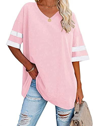 Famulily Maglietta da donna casual a mezza manica con scollo a V, comoda maglietta da baseball oversize, rosa, L
