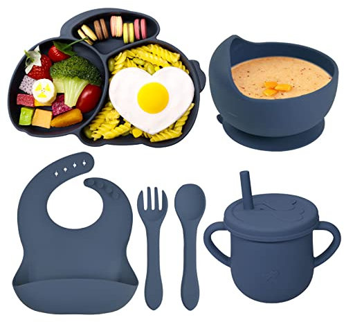 Domueay Baby Geschirrset 6 Stücke Kinderteller mit Saugnapf Schüssel Lätzchen Tasse Löffel Gabel Silikon Babygeschirr Rutschfest Abwaschbar Baby Essen Set BPA Freie,Blau Kaninchen