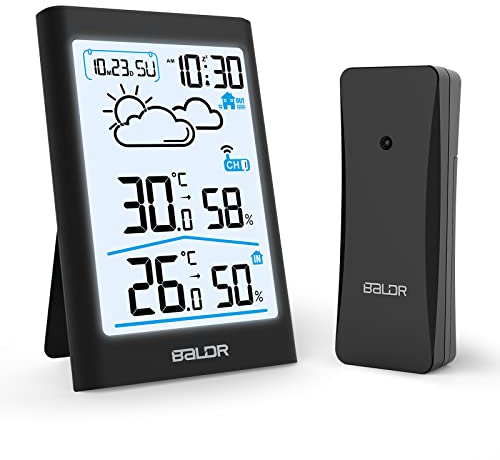 Estacion meteorológica Inalámbrica, Barómetro para Interiores y Exteriores, Termómetro, Higrómetro con Sensor, Pantalla de Retroiluminación LED, Reloj Digital, Alarma y Repetición de Alarma (Negro)