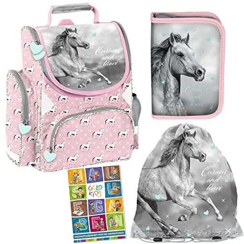 Goldkids Schulranzen Set Pferd Horse Motiv ergonomischer Ranzen Federmappe Turnbeutel Aufgabenheft für die Grundschule 4er Set. Geeignet ab der ersten Klasse der Grundschule.