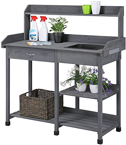 Abician Table de Rempotage en Bois Table de Jardinage avec Évier Amovible Tiroir Crochets Étagères de Rangement Support pour Petits Pots Banc de Rempotage pour Jardinier Gris