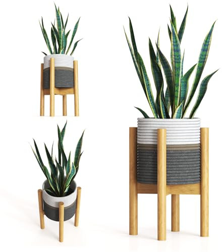 LA CASITA DE AMARA - Conjunto Macetero Textil + Soporte Plantas Bambú para Plantas Artificiales Decorativas o Plantas Naturales Interior. Macetero con Pie para Decoracion Hogar en color Natural