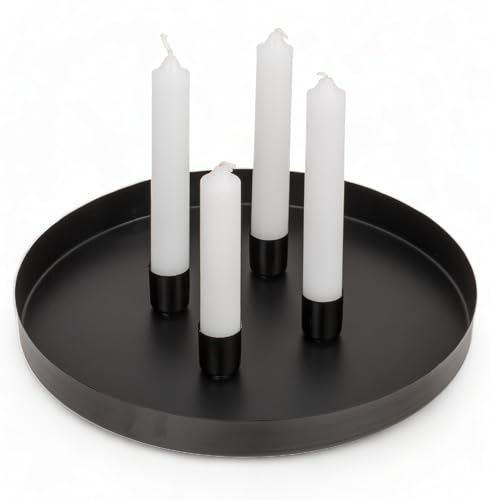 MIJOMA - Bandeja redonda de metal de 25 cm de diámetro, color negro, ideal para Adviento y decoración diaria, con recubrimiento de polvo, con 4 soportes magnéticos para velas de 2 cm de diámetro, se