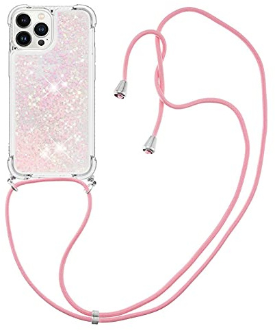 IMIRST Lanyardfodral kompatibelt med iPhone 15 Pro Bling flytande glitter silikonskal stötsäkert Kawaii-skydd med sladd nackfodral för Apple iPhone 15 Pro. LP Stjärna Rosa