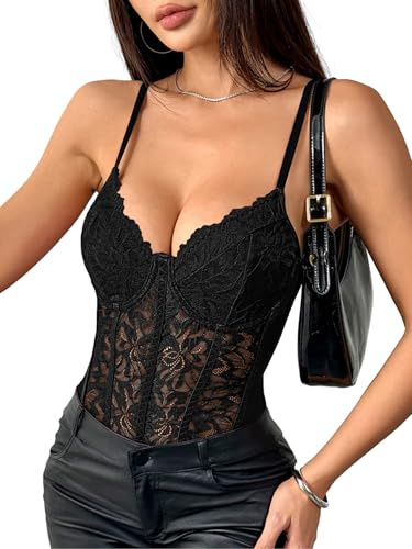 Lilosy Sexy Corset Top Floral Lace Mesh Sheer Lingerie Bodysuit Bustier Cami Outfits See Through Concert Going Out One Piece Women Black Small