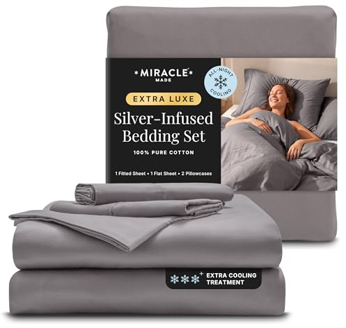 Miracle Made Extra Luxe Soft, Cool-to-The-Touch Cotton Bed Sheet Set, 4-Piece – Silver-Treated, Breathable, Lightweight Bedding – Full Size, Stone