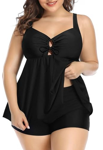 Maillots Deux Pièces Femme Tankini avec Short Bikini Femme 2 Pieces Découpé Dos Croisé Réglable Maillot de Bain Jupette Grande Taille pour Grossesse (2-Noir, 2XL)