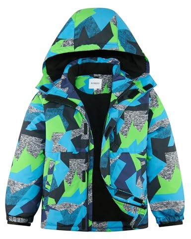 KFRRZC Boys Winter Waterproof Ski Jacket Kids Fleece Lined Warm Snow Coat with Detachable Hood(Blue Geometry,11-12)