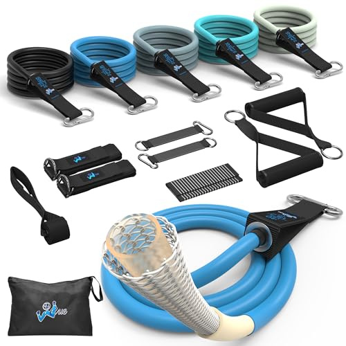 Juego de bandas de resistencia mejoradas antiroturas, bandas de ejercicio para hombres con 5 tubos de fitness, anclaje de puerta, asas, bolsa portátil, correas de tobillo para entrenamiento muscular