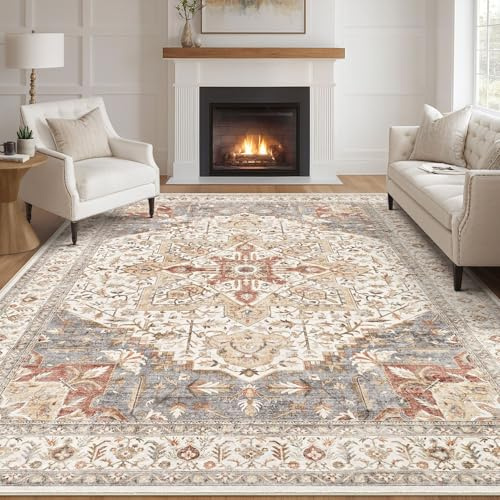 Tortania Area Rug Living Room Rugs - 9x12 Washable Boho Rug Vintage Oriental Distressed Farmhouse Large Thin Indoor Carpet for Living Room Bedroom Under Dining Table Home Office - Orange Multi