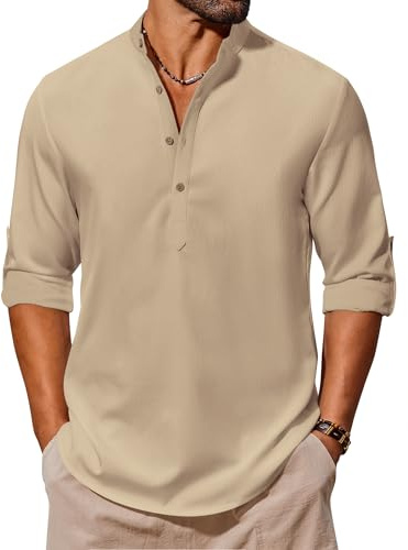 COOFANDY Hombre Camisas T-Shirt Manga Larga Camisa de Verano Regular Fit Respirable Henley Shirts Camisas Casual Playa Top Color Sólido Caqui S