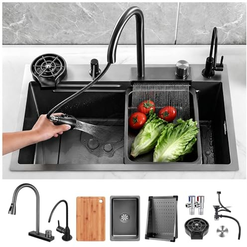Lavandino da Cucina Nero Grigio a Cascata, Lavello Rettangolare Integrato in Acciaio Inox 80 x 45 cm, Stazione di Lavoro Con Rubinetto, Grande Vasca Singola