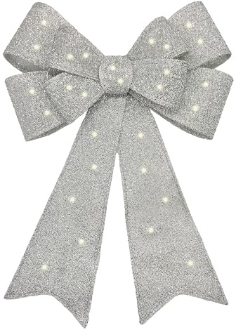 Relsy Pre-lit Christmas Bow Silver Bow, Flashing, Dimmable & Timer Options & Remote Control - Large Bow 55cm Large Christmas Door Bow/Christmas Tree Topper Christmas Door Wreaths Alternative