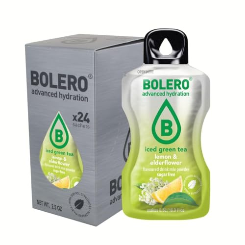 Bolero THÉ VERT GLACÉ CITRON & FLEUR DE SUREAU 24x3g | Poudre pour boisson sans sucre, édulcorée à la stévia + vitamine C | convient aux enfants, aux sportifs et aux diabétiques | sans gluten