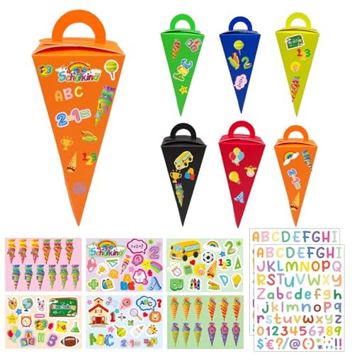 yivom 24 Stück14cm Faltbare Schultüte mit Griff, Geschwister schultüte klein, zuckertüte klein, 2 Cartoon Buchstaben Aufkleber & 6 Schulanfang Deko Aufklebern DIY Geschenkverpackung(6 Farben)