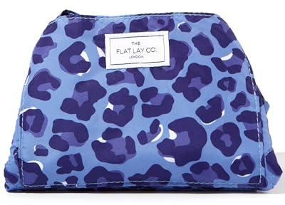 The Flat Lay Co. Makeup Bag - Blue Leopard Travel Make Up Organiser for Cosmetics, Eyeshadow, Make-Up Brushes, Lipstick & Tools - Drawstring Makeup Bag Storage with Brush Holder & Large Pockets