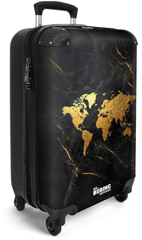 NoBoringSuitcases.com® Handgepäck Koffer 55x35x20 cm Trolley Reisekoffer Handgepäck-Koffer 4 Rollen Leicht Carry on Luggage Hartschalenkoffer Weltkarte - Gold - Marmor