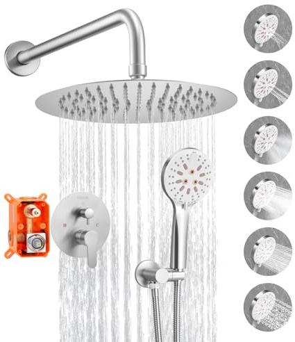 VEVOR Ensemble de Robinetterie de Douche Encastrable, Système de Douche de Pluie avec Pommeau de Tête Rond 25,4 cm, Douchette à Main et Kit de Garniture, Fixation Murale, Salle de Bain, Nickel Brossé