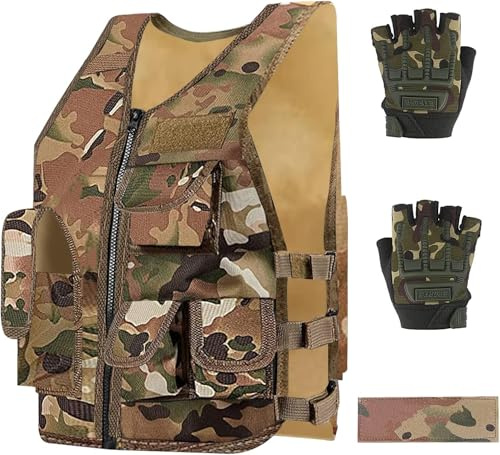 Taktische Weste für Kinder, Outdoor, Kampfweste, verstellbar, atmungsaktiv, mit Halbfinger-Handschuhen, khaki, One size