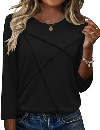 Kistore Tops for Women UK 3/4 Length Sleeve Women's T-Shirts XL Black