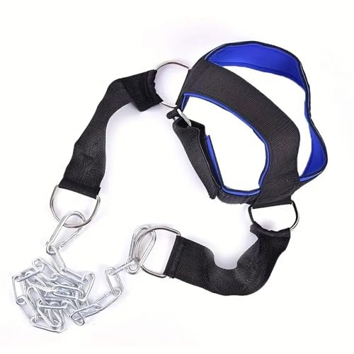 Imbracatura per collo fitness con catena per sollevamento pesi, cinghie per esercizi per testa e collo, per allenamento in palestra a casa (Blu)