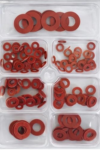 Red Fibre Washers Assortment Kit, 150 Piece Multi-Size Set in Organised