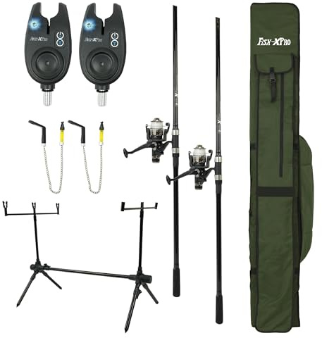 FISH-XPRO Set pesca carpa completo 2 canne - Mulinelli - Segnalatori - Swinger - Rodpod - Borsa - Kit carpfishing per principianti ed esperti