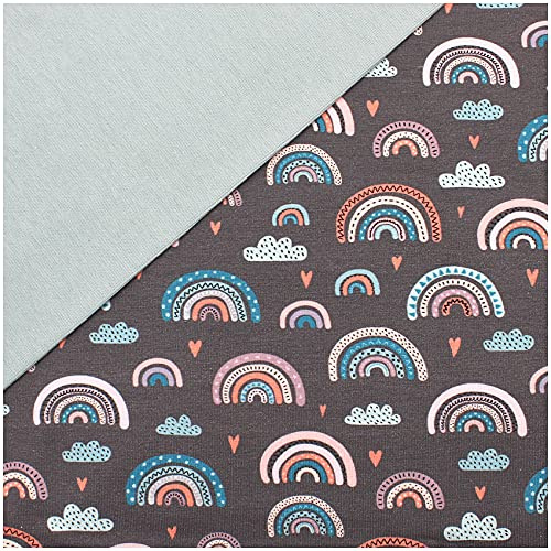 Stoffpaket 0,5m Jersey + 0,5m Bündchenstoff zum Nähen von Kinderkleidung Kinderstoff Jerseystoff (Pastell Regenbögen Grau + Hellaqua (Set25))
