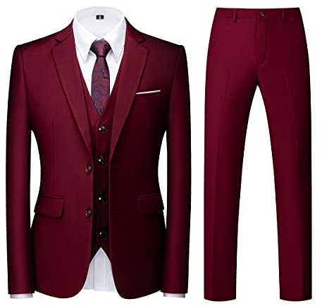 KUDORO Costume Homme 3 pièces Slim Fit Smoking Simple Poitrine à Deux Boutons Men Suits 3 Piece pour Mariage Business Fête Confort Blazer Veste et Pantalon Gilet(Bourgogne,L)