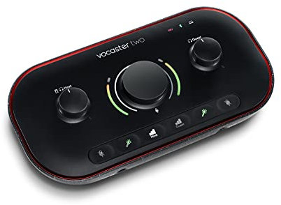 Focusrite Vocaster Two — Podcasting Interface for Recording Host and Guest. Two Mic Inputs and Two Head-phone Outputs, with Auto Gain, Enhance, and Mute. Small, Lightweight, and Powered by Computer.