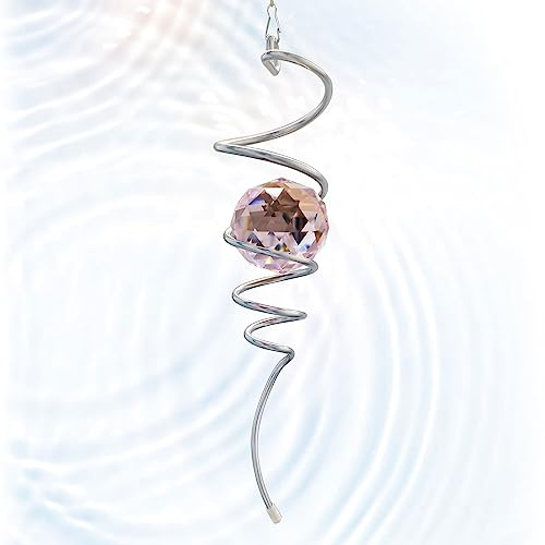 Eiryhope Boule d'observation en spirale en spirale avec orbe en cristal rose avec crochet pivotant, attrape-soleil, décoration de jardin à suspendre, décoration d'intérieur ou d'extérieur, 33 cm de