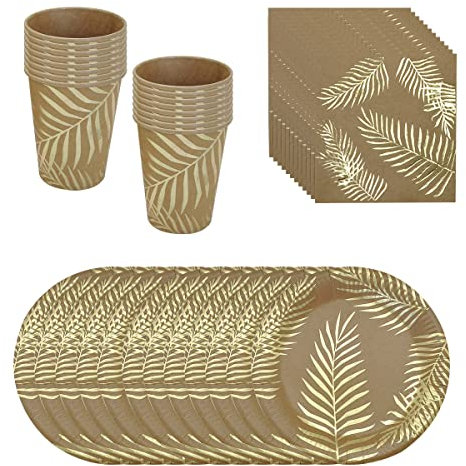 ZOOMPIL Juego de platos de papel de hoja de palma, juego de vajilla de fiesta de hoja de palma, vajilla dorada con platos de hojas de palma kraft, servilletas y vasos de papel, vajilla para fiesta de