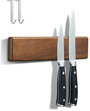 ENOKING 10Inch Magnetic Knife Holder for Refrigerator - Acacia Wood Knife Strip with Exquisite Gold-Foil Gift Box - Compact Knife Bar with 2 Hooks, No Drilling Solution