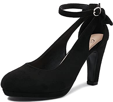 elerhythm Chaussures Mary Jane à talons avec arc rétro fermé, bout rond, en daim, sangle à la cheville, escarpins vintage Gatsby, Noir , 41 EU