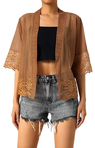Edhomenn Women Sheer Shrug Cardigan Short Sleeve Solid Color Lace Patchwork Lightweight Knit Shrugs Ladies Bolero Cardigans