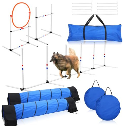 Hollowfly Agility-Trainingsgeräte für Hunde, Agility-Kurs, mit verstellbarer Höhe, Sprungstangen, geflochtene Stangen, 3 m Tunnel mit Sandsäcken, Agility-Set für Hunde, inklusive Tragetasche, 9 Stück
